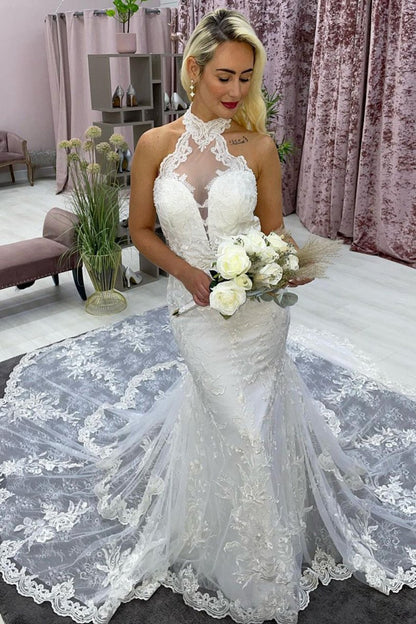Halter Long Train Mermaid Wedding Dresses with Appliques