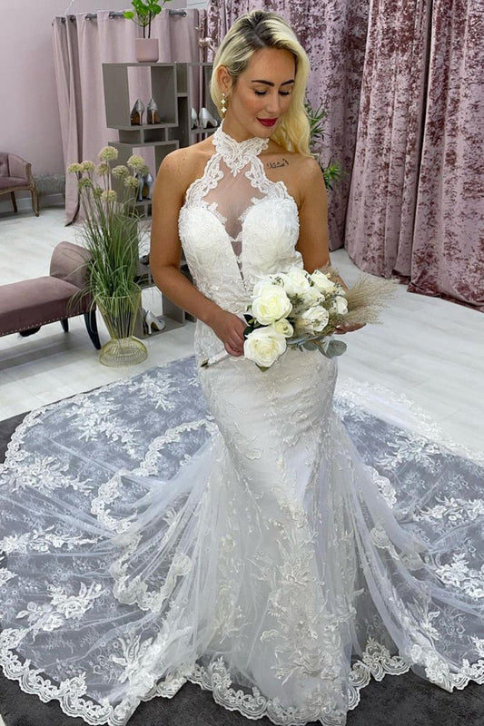 Halter Long Train Mermaid Wedding Dresses with Appliques