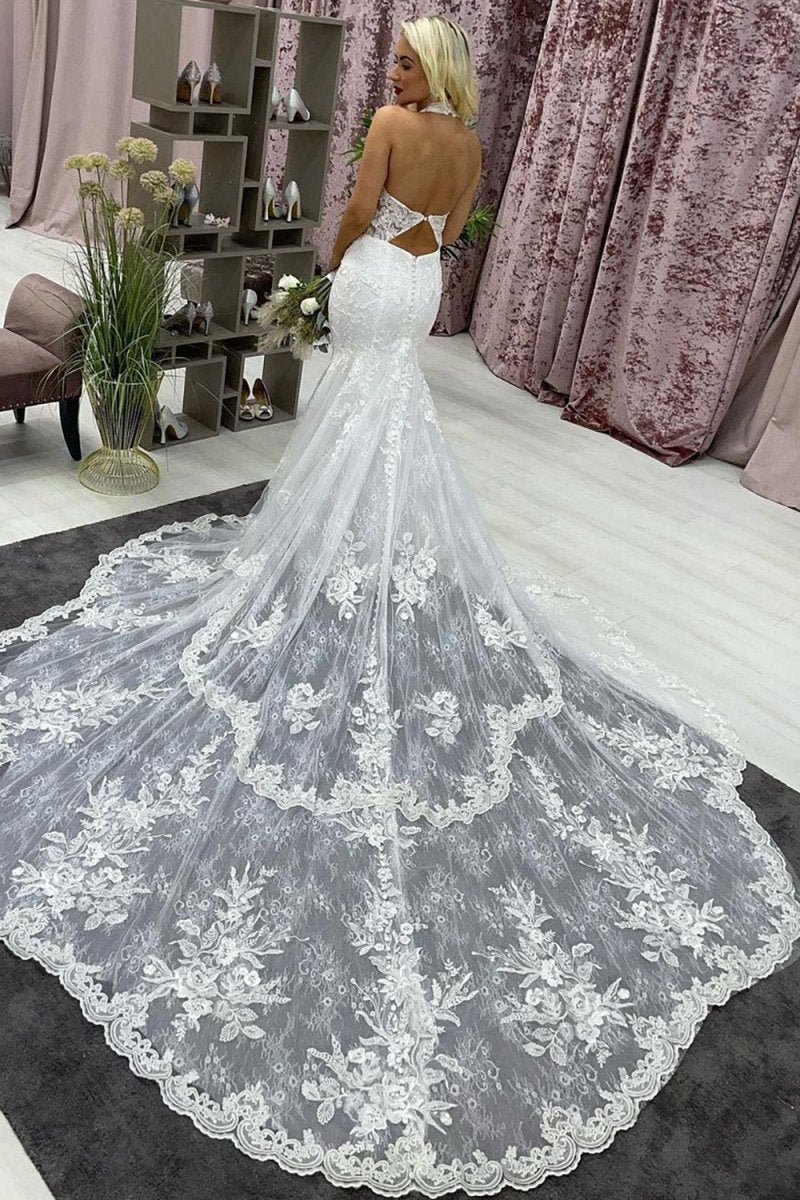 Halter Long Train Mermaid Wedding Dresses with Appliques