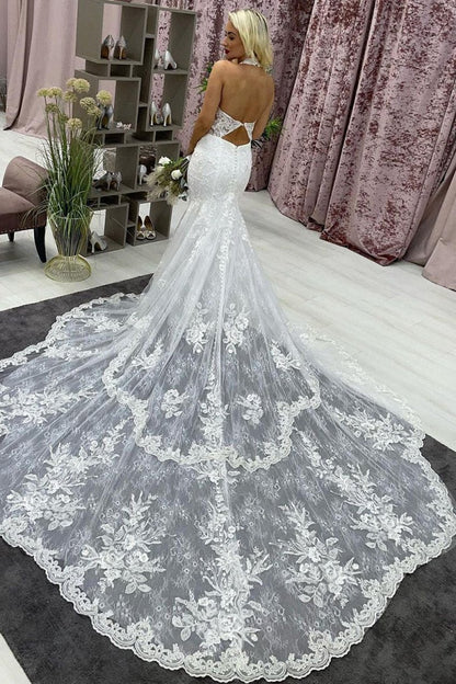 Halter Long Train Mermaid Wedding Dresses with Appliques