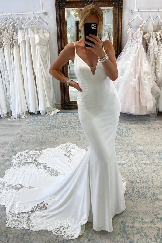 Spaghetti Straps Long Mermaid Boho Wedding Dresses with Lace