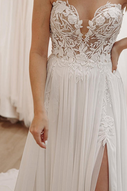 Sweetheart Long Lace Boho Wedding Dresses with Slit