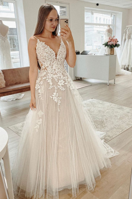Glitter A-line Spaghetti Straps Long Wedding Dresses with Appliques