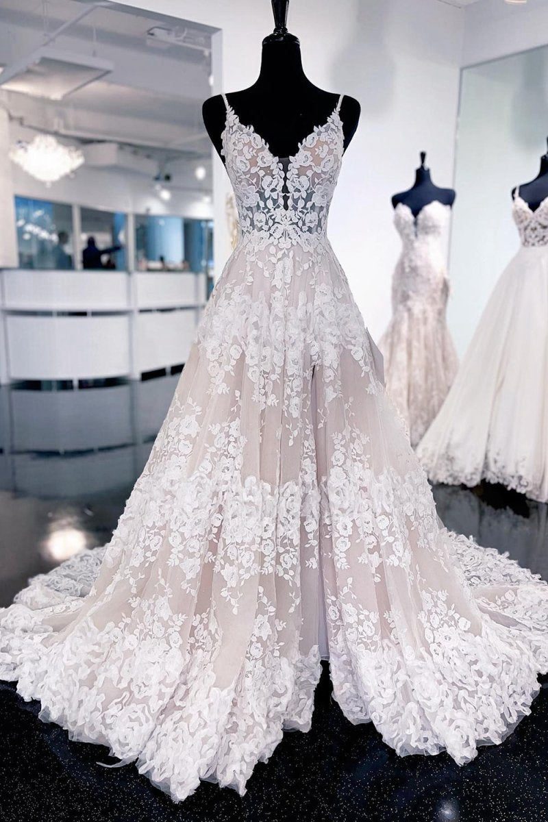 Lace A-line Sweep Train Long Wedding Dresses