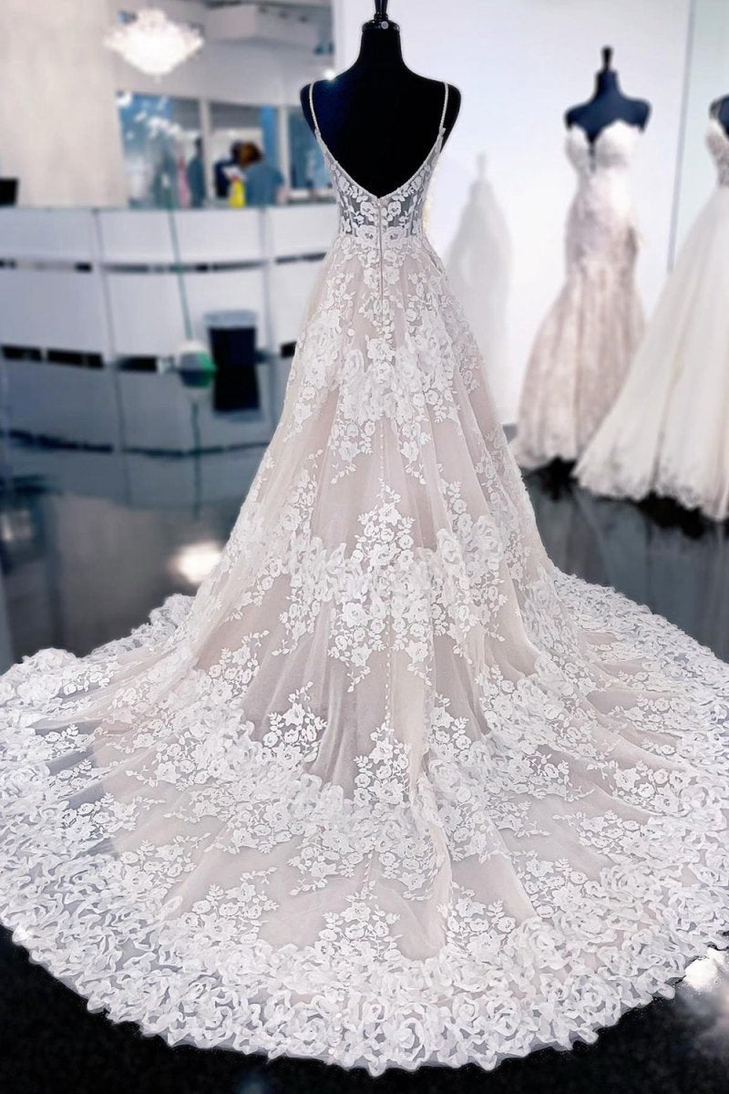 Lace A-line Sweep Train Long Wedding Dresses