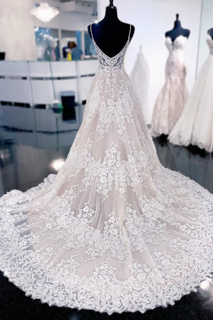 Lace A-line Sweep Train Long Wedding Dresses