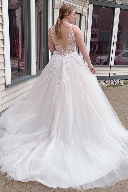 A-line Tulle Sparkly Wedding Dresses with Appliques