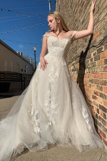 Glitter A-line Off The Shouder Long Wedding Dresses with Appliques