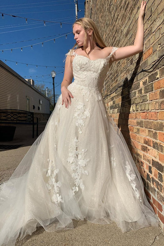 Glitter A-line Off The Shouder Long Wedding Dresses with Appliques