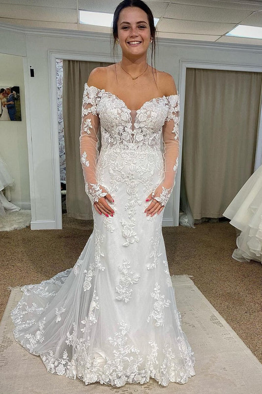 Tulle Mermaid Off the Shoulder Long Wedding Dresses with Appliques