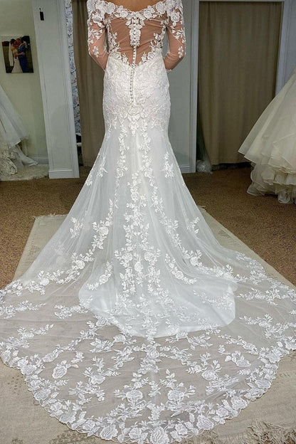 Tulle Mermaid Off the Shoulder Long Wedding Dresses with Appliques