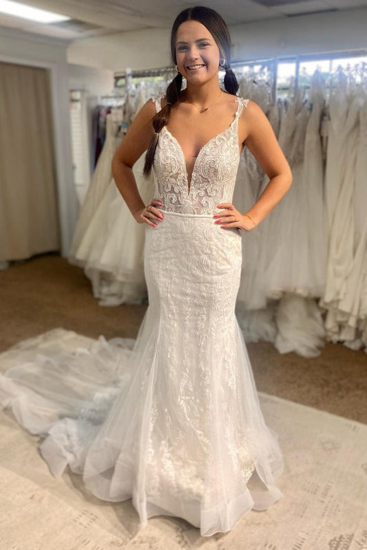 Tulle Mermaid Spaghetti Straps Long Wedding Dresses with Appliques