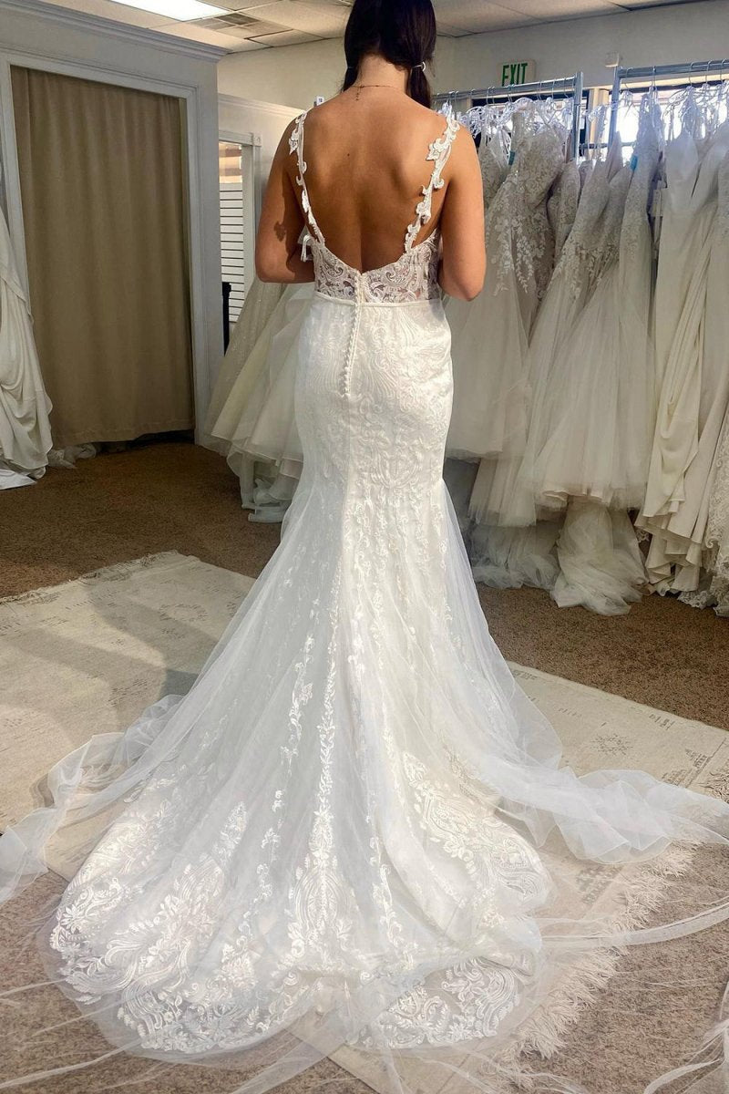 Tulle Mermaid Spaghetti Straps Long Wedding Dresses with Appliques