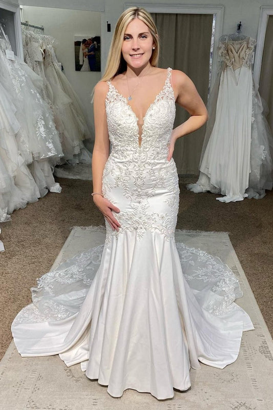 Deep V-Neck Mermaid Long Wedding Dresses with Appliques