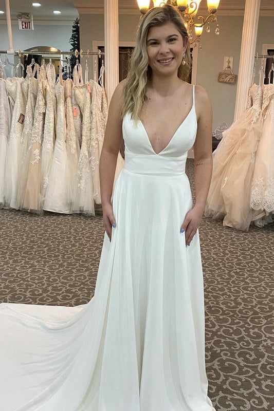A-line Spaghetti Straps Long Wedding Dresses with Beading