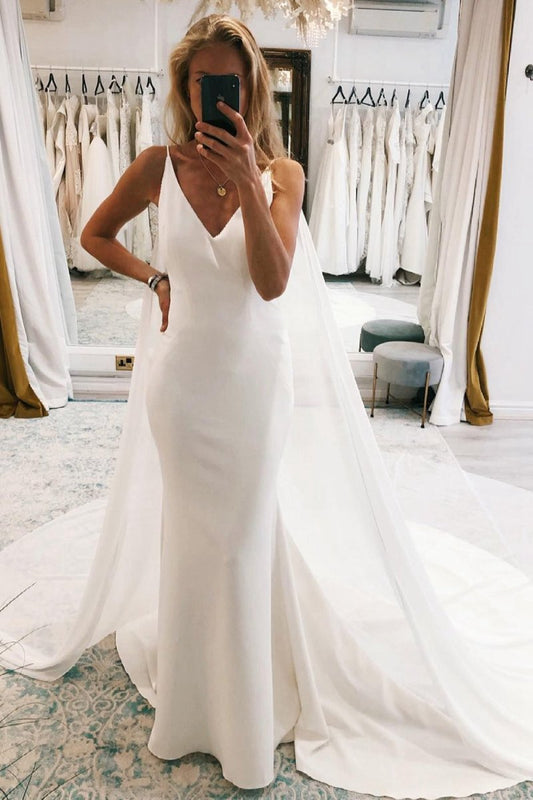 Simple Watteau Train Boho Long Mermaid Wedding Dresses