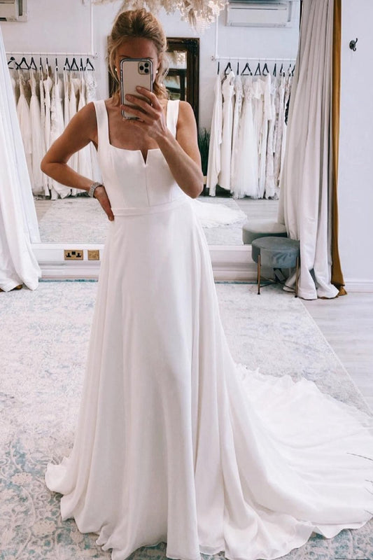 Simple Square Neck Boho Long Chiffon Wedding Dresses