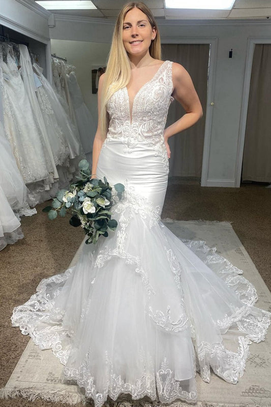 Deep V-Neck Mermaid Long Wedding Dresses with Lace