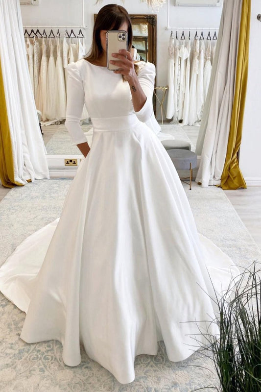 Vintage A-line Long Satin Bateau-Neck Wedding Dresses