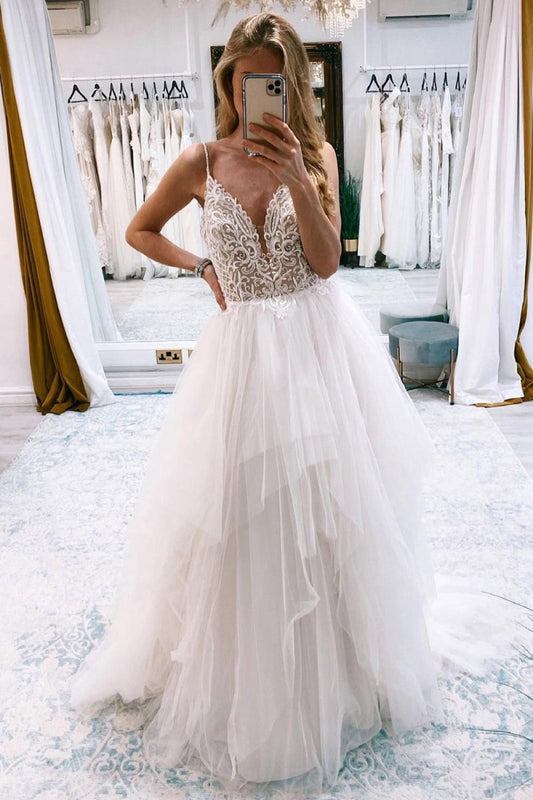 A-line Backless Tulle Long Wedding Dresses with Appliques