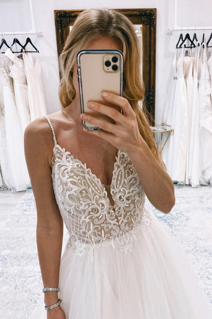 A-line Backless Tulle Long Wedding Dresses with Appliques