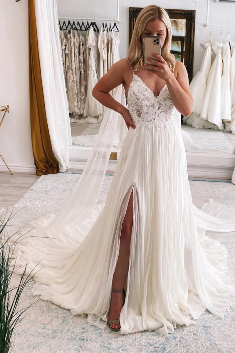 A-line Watteau Train Boho Long Chiffon Wedding Dresses with Lace