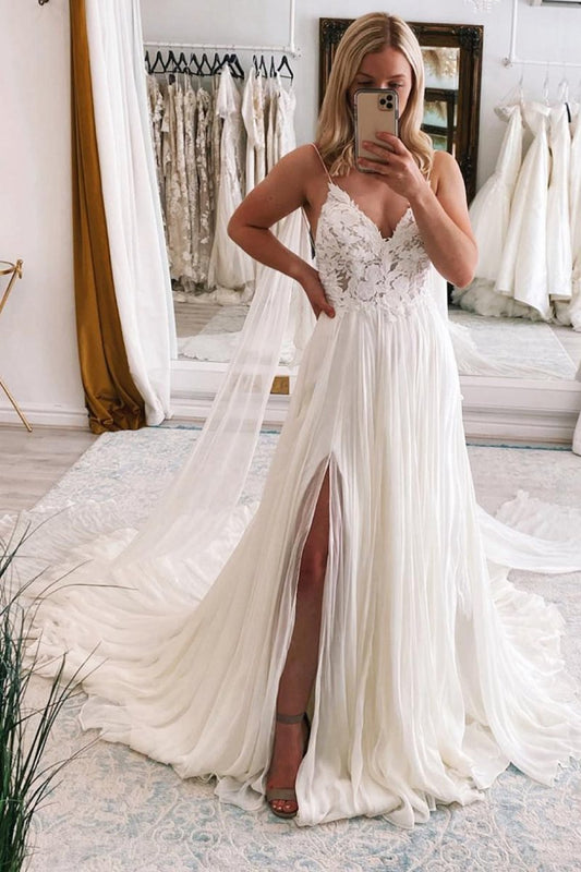 A-line Watteau Train Boho Long Chiffon Wedding Dresses with Lace