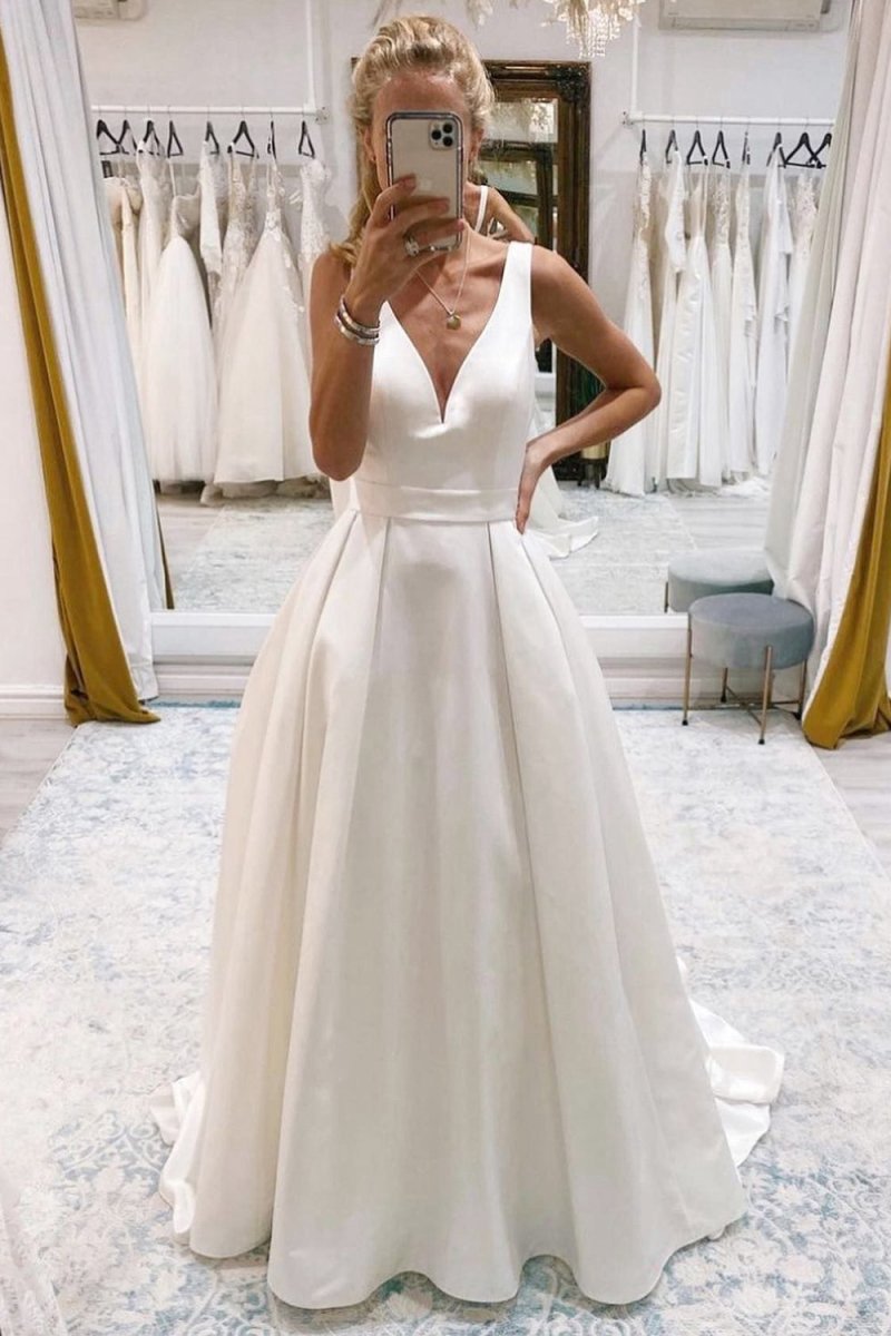 A-line Deep V-Neck Long Wedding Dresses with Bowknot