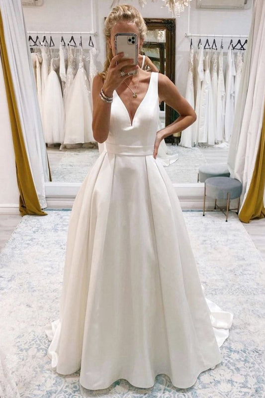 A-line Deep V-Neck Long Wedding Dresses with Bowknot