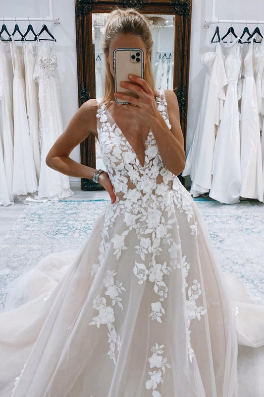 A-line V-Neck Long Tulle Wedding Dresses with Appliques