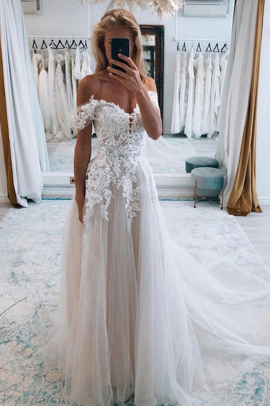 A-line Off the Shoulder Long Wedding Dresses with Lace Appliques