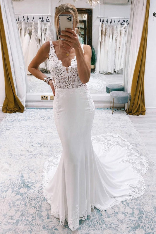 Mermaid Deep V-Neck Long Wedding Dresses with Lace Appliques