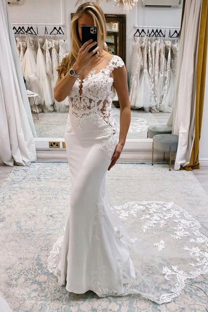 Mermaid Deep V-Neck Backless Long Wedding Dresses with Lace