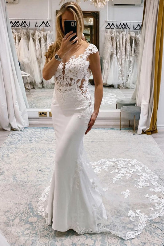 Mermaid Deep V-Neck Backless Long Wedding Dresses with Lace