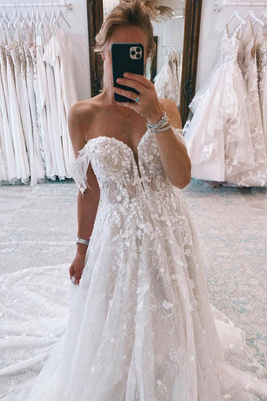 Off the Shoulder Long Lace Mermaid Wedding Dresses with Appliques