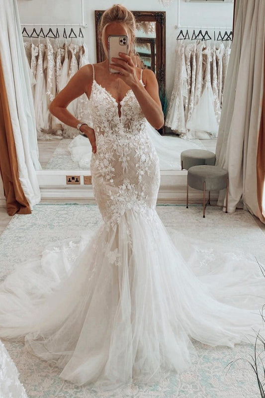 Mermaid Tulle Spaghetti Straps Long Wedding Dresses