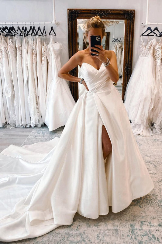 Satin Long A-line Wedding Dresses with Slit