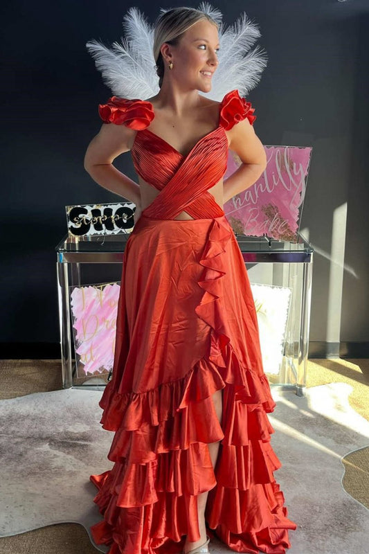 Cutout Ruffle A-line Long Prom Dresses with Slit