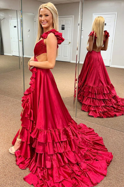 Cutout Ruffle A-line Long Prom Dresses with Slit