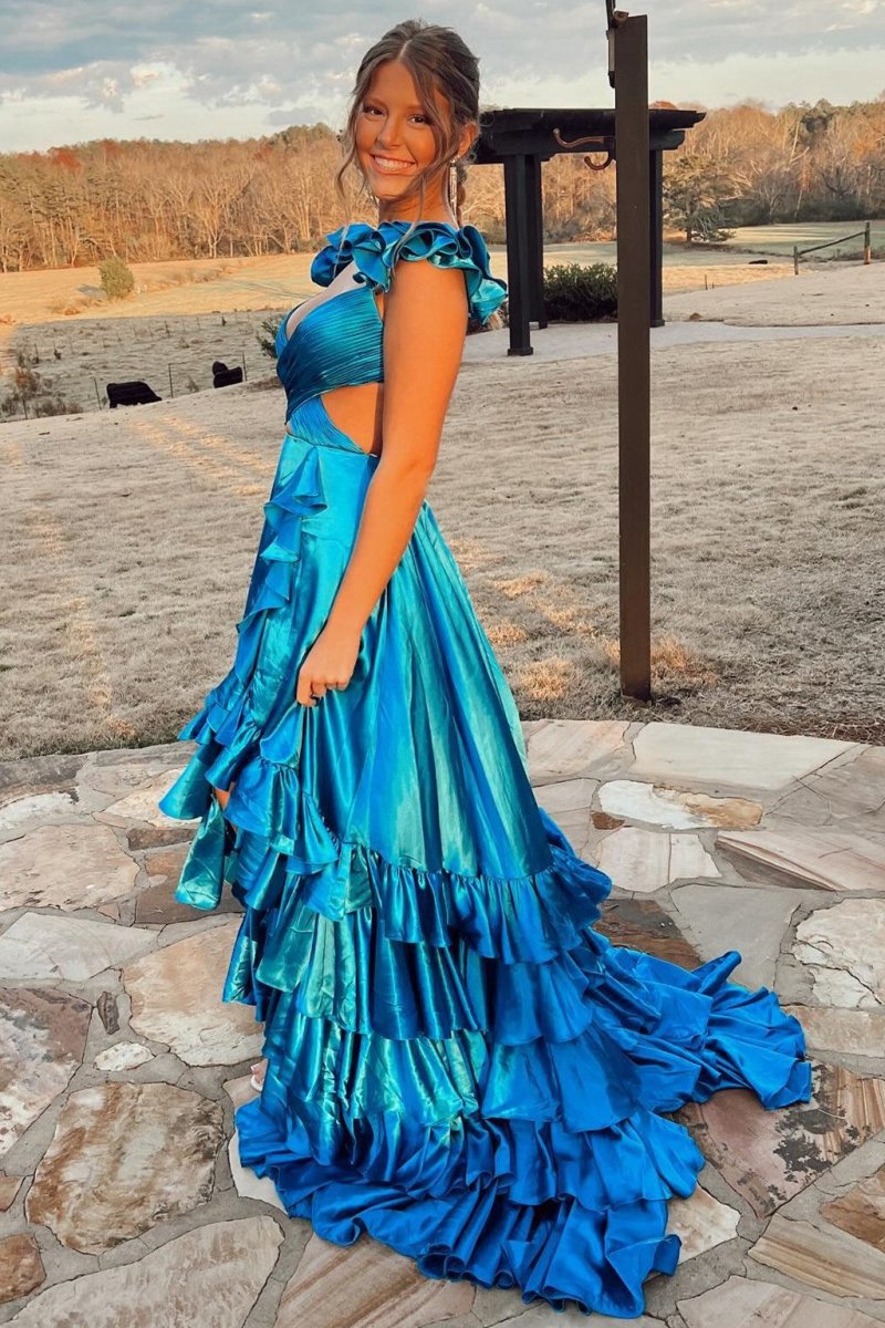 Cutout Ruffle A-line Long Prom Dresses with Slit