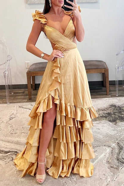 Cutout Ruffle A-line Long Prom Dresses with Slit