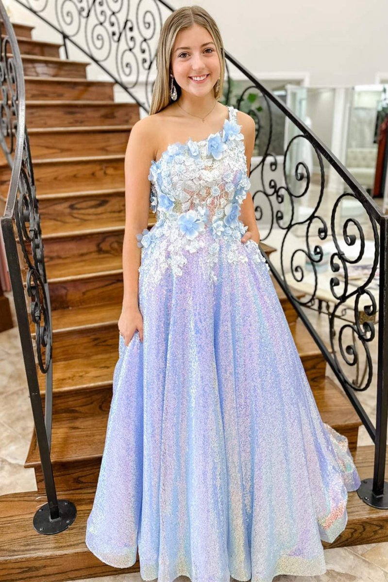 One Shoulder 3D Flowers Sequin Long Formal Dresses