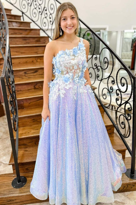 One Shoulder 3D Flowers Sequin Long Formal Dresses