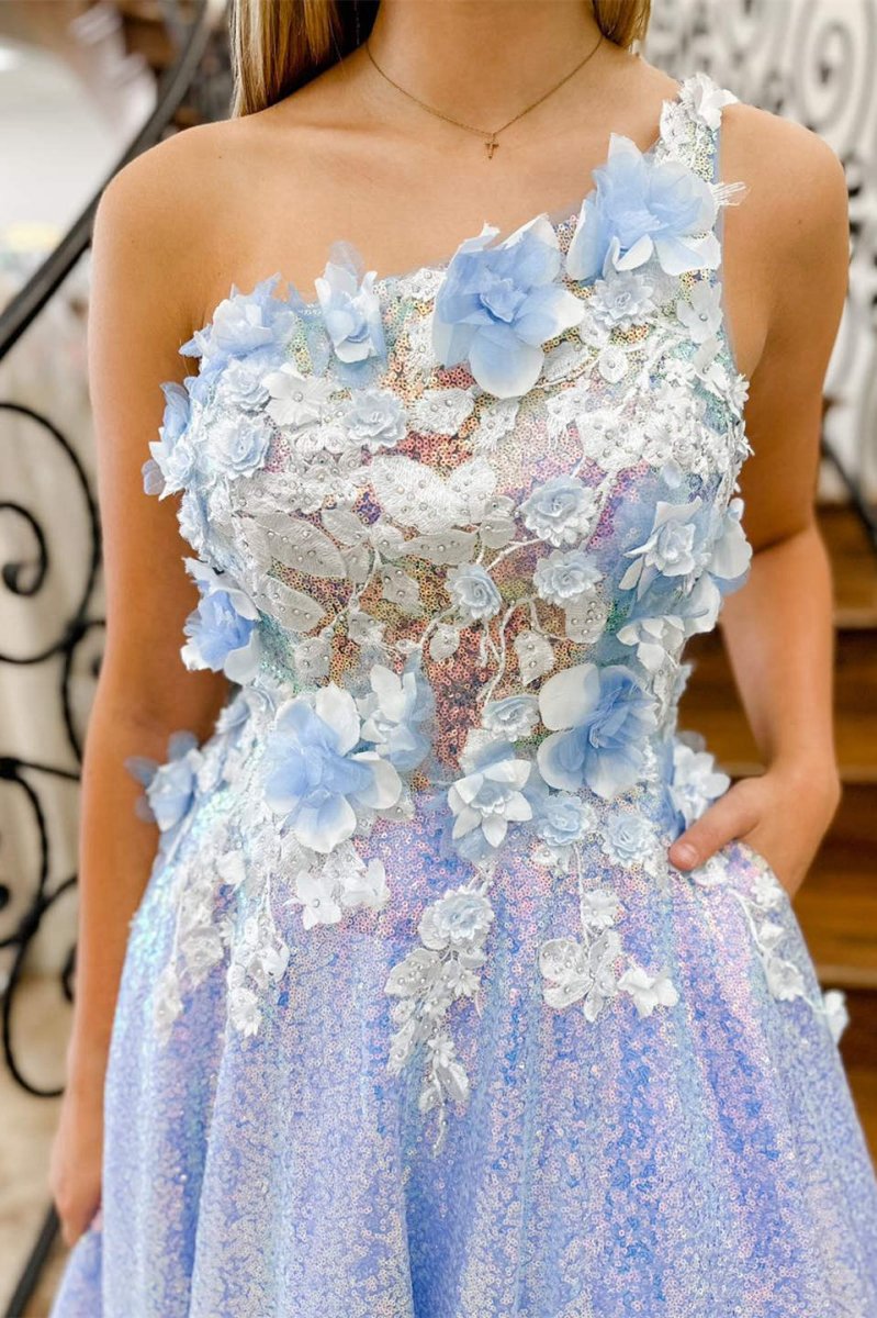 One Shoulder 3D Flowers Sequin Long Formal Dresses