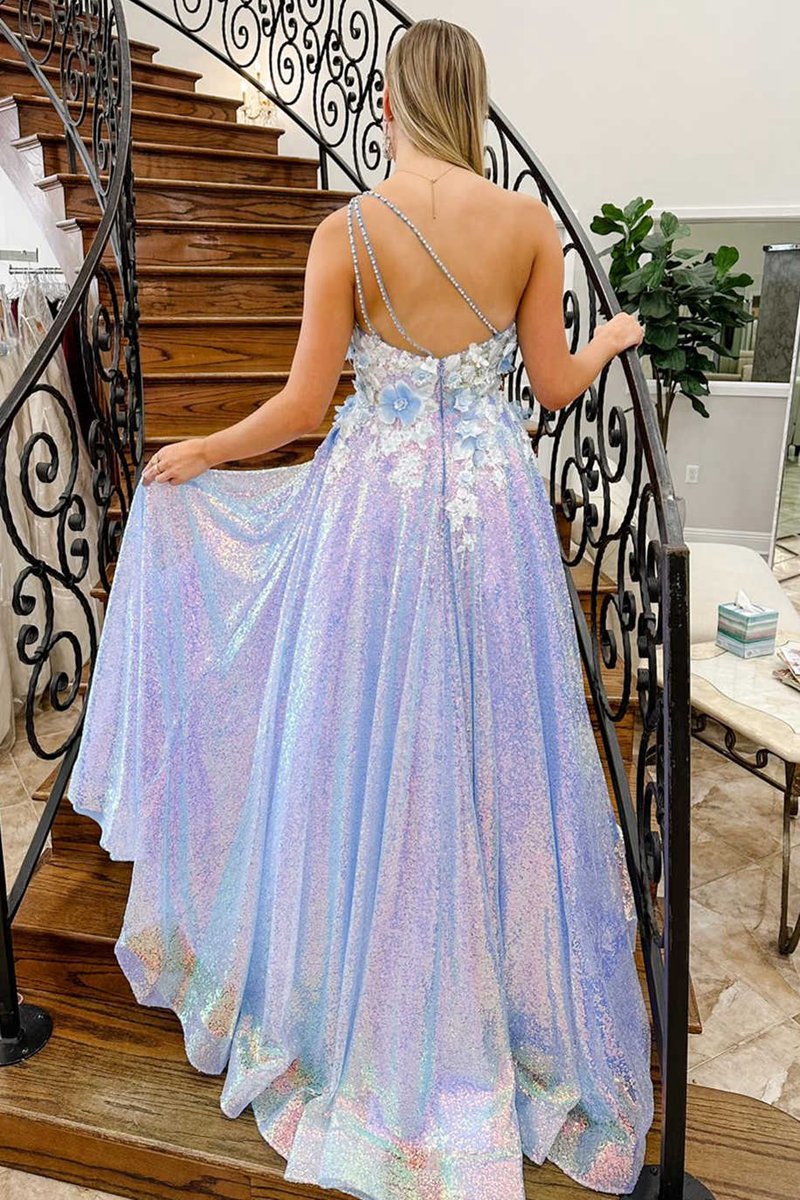 One Shoulder 3D Flowers Sequin Long Formal Dresses