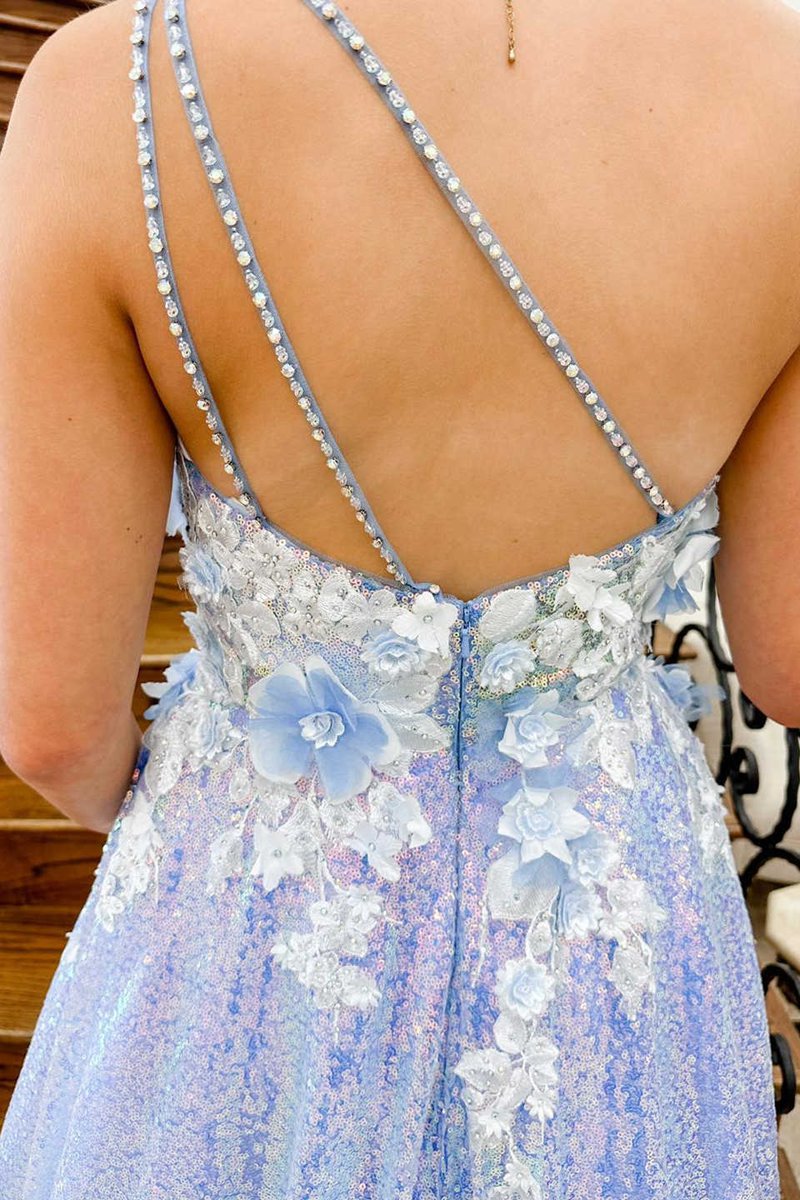 One Shoulder 3D Flowers Sequin Long Formal Dresses