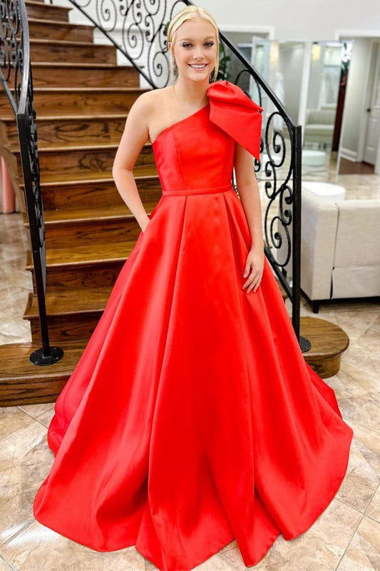One Shoulder Bow Tie Satin Prom Dresses with Pockets
