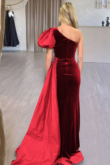 Velvet One-Shoulder Long Formal Dresses with Attached Train