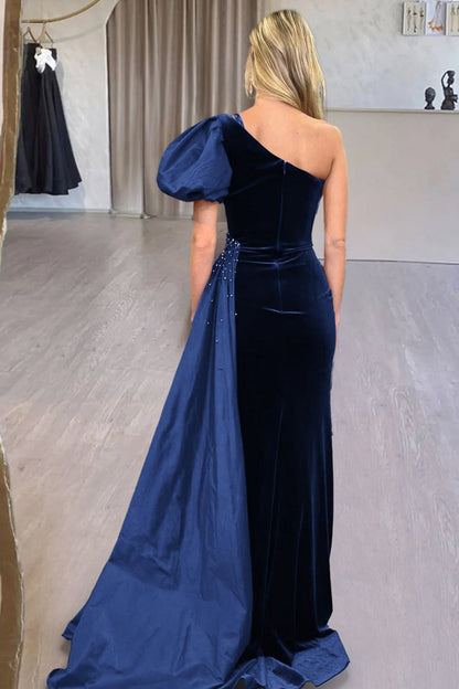 Velvet One-Shoulder Long Formal Dresses with Attached Train