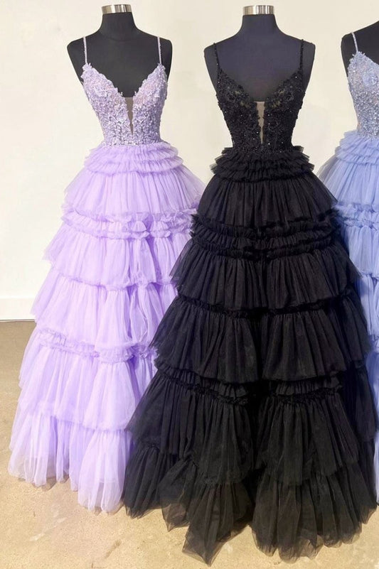 Beaded Spaghetti Strap Ruffle Tie Ball Gown
